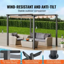 Buer, Spalier, Lysthuse Uden Tag^10'x10' Udendørs Udtrækkelig Pergola med Solskærm, Aluminium, Beige, Vandafvisende, Holdbar, Ideel til Have eller Terrasse.